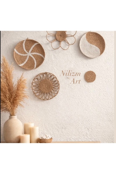 Genel Markalar Bohem Hasır Halat Ip Duvar Tabağı Beyaz 5 Parça (YAPIŞTIRMA DEĞİLDİR MAKİNE DİKİMİDİR)