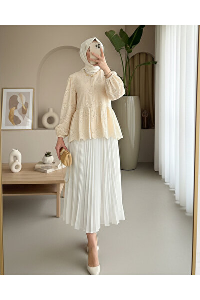 Modamorfo Kolu Lastikli Ajurlu Düğmeli Astarlı Gömlek -Bej