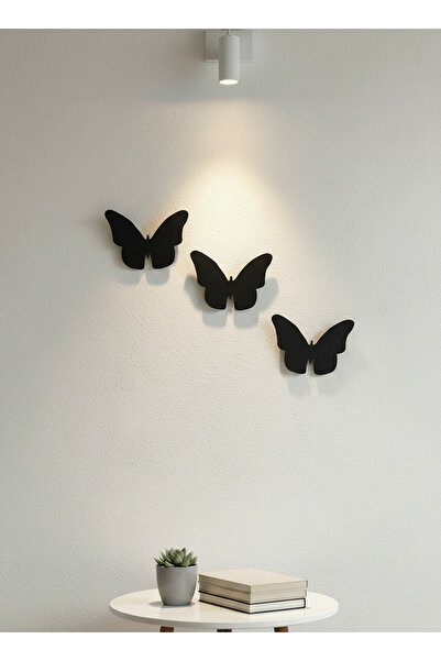 MEC DEKORASYON Siyah Kelebek Duvar Dekoru 3’lü Set - Minimal Modern Duvar Süs...