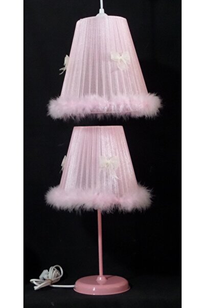 TEKAY AYDINLATMA Kız Çocuk Odası Bebek Odası Pembe Tüylü Fiyonklu Peluş Avize Abajur Seti