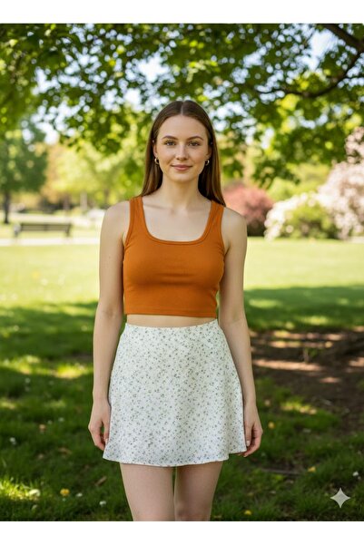 LADY HAZAL Mustard Mini Crop Top cu nervuri cu bretele groase Bustieră cu gât pătrat