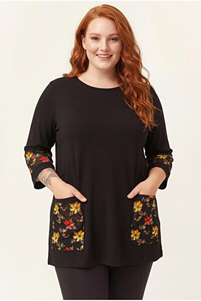 Ebsumu Kadın Büyük Beden Kolları Ve Cepleri Nakış Detaylı Siyah Bluz