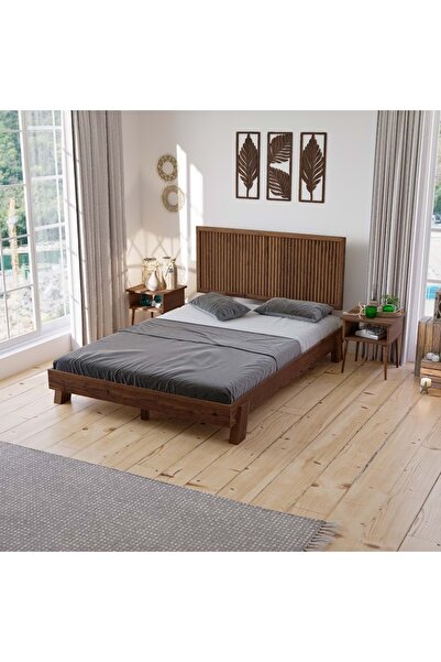 RENAZZO Ebruli Model Ceviz Renk Çam Ahşap Karyola Ve İki Komodin Set ( Dikey )