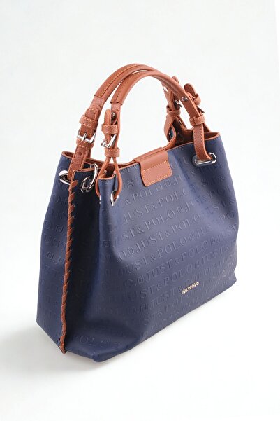 Just Polo حقيبة كتف نسائية كبيرة الحجم مصنوعة يدويًا باللون الأزرق الداكن ومق...