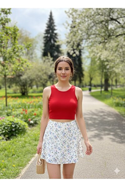 LADY HAZAL Red Halter Neck Crop Top Darkalıp Ribbed Thin Bias Bustier