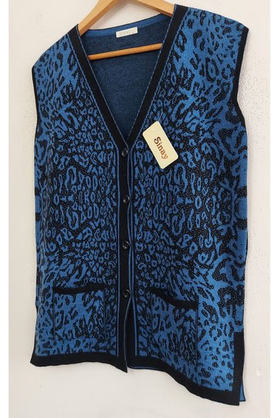 SİNAY TRİKO Women's Leopard Patterned Pocketed Buttoned Side Slit Knitwear Mother Vest