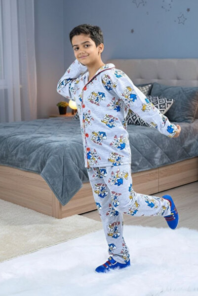 Genel Markalar %100 Pamuk Sonic Baskılı Erkek Çocuk Alt Üst Pijama Takımı