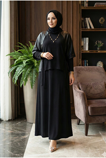 modamira Kadın Kristal Siyah Pamuklu Kumaş Deri Detaylı Pelerinli Genç Anne Boydan Tesettür Elbise