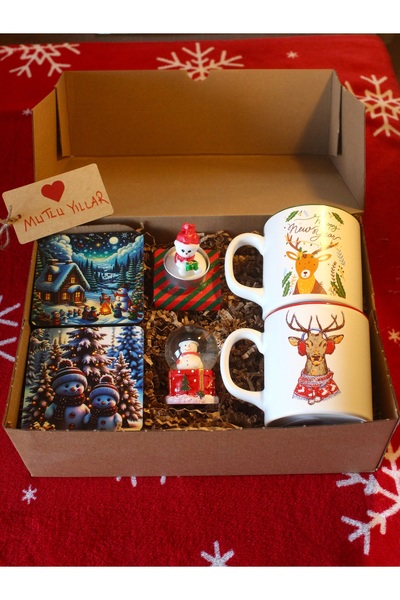 Paganca Yılbaşı Hediye Seti - 2 Adet Yeni Yıl Kupa ve 2 Adet Bardak Altlığı, Kar Küresi, Mum