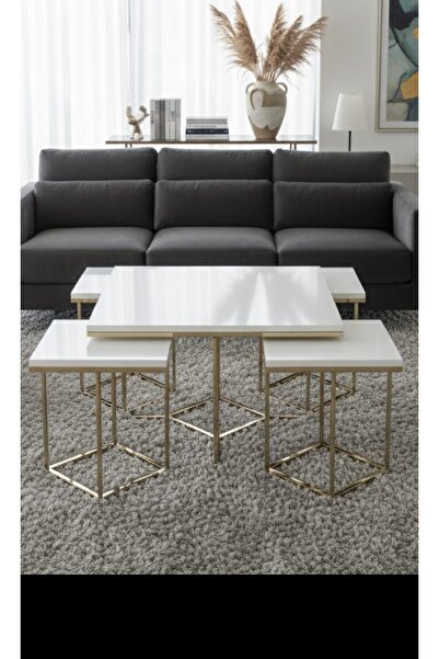 usta mekan Monza 5 li Gold Beyaz 4+1 Kare Orta Sehpa