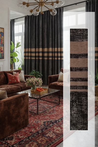 Perlife Gold ® Chenille Textured Striped Panophone Background Curtain – 2 Panels – 140 cm Width – Pleatless Living Room Curtain