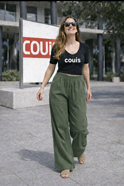 couis بنطلون نسائي عالي الخصر وواسع الساق من مزيج الكتان