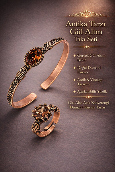 İyyaKee Kadın Bakır Bileklik Yüzük Set Zultanit Taşlı Kelepçe Bilezik