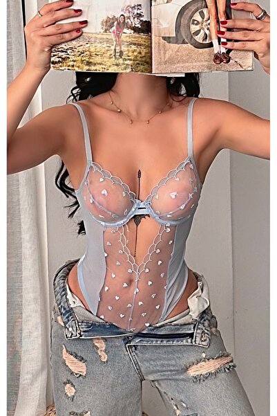 DİA SENSE Mavi Kalp İşlemeli Transparan Tül Body – Balenli Bodysuit Romantik ...