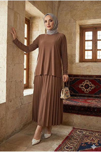 modamira Kadın Sandy Taba Büyük Beden 2li Bluz Etek Piliseli Ikili Tesettür E...