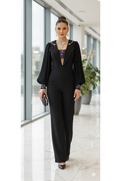 Robes Ceket Yaka Plise Uzun Kol Taş İşlemeli Tulum