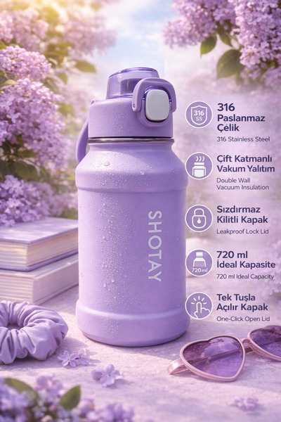 Shotay 720 ml 316 Paslanmaz Çelik Spor Termos Tek Tuş Açılır Kapaklı Sızdırmaz – Lila & Yeşil