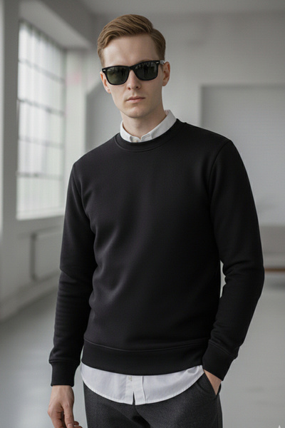 Elemge Pamuklu Erkek Sweatshirt Siyah Soft Touch Relax Fit Basic Bisiklet Yak...