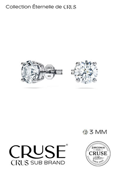 Cruse 925 Ayar Gümüş 3 MM Tektaş Küpe 18 Ayar Beyaz Altın Kaplama