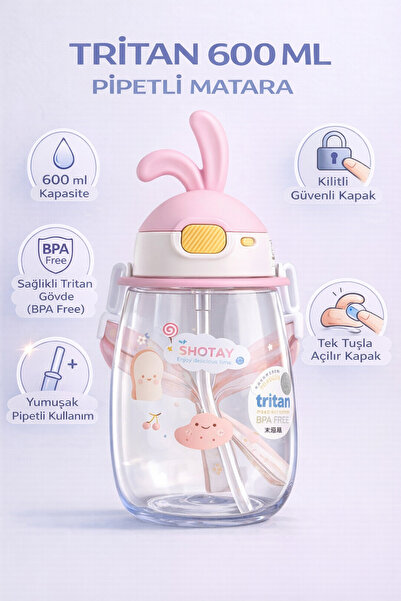 ORVO Çocuk Suluk Tritan Matara – 600 ml Kulaklı Kapaklı, Pipetli, Askılı Su M...