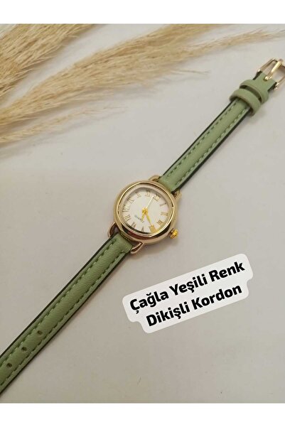 QUARTZ Retro Minimal Vintage Kadın Kol Saati Çağla Yeşili Renk Dikişli Kordon bb0140