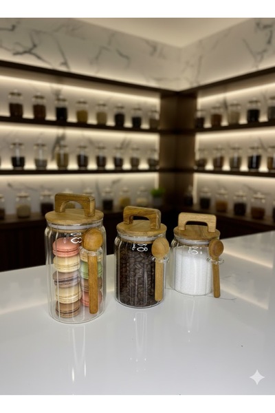 QBA Borosilikat Akasya Kaşıklı ve Kapaklı Kavanoz Seti ( 500ML 600ML 750ML)