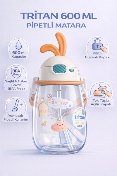 ORVO Çocuk Suluk Tritan Matara – 600 ml Kulaklı Kapaklı, Pipetli, Askılı Su M...