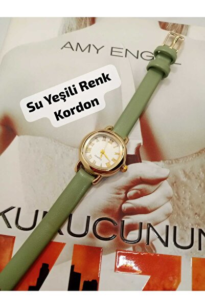 Brality ساعة يد نسائية بأرقام رومانية كلاسيكية – هيكل ذهبي اللون وحزام أخضر م...