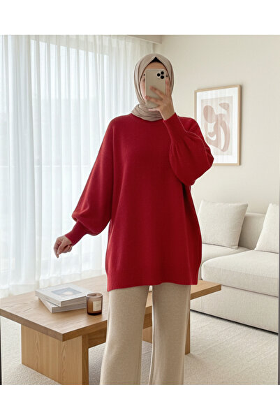 Modamorfo Round Neck Balloon Sleeve Casual Knit Sweater -Pomegranate Flower