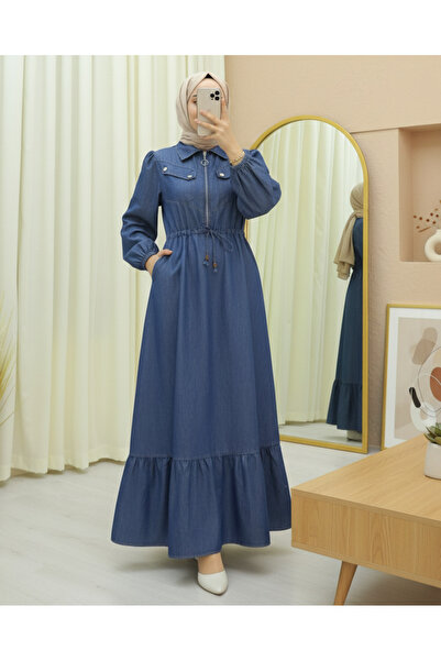 Modamorfo Джинсове плаття з напівзастібкою на блискавку та кишенями - Indigo