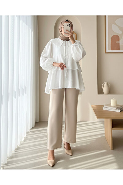 Modamorfo Baby Collar Front Lace Skirt Layered Kimono -White