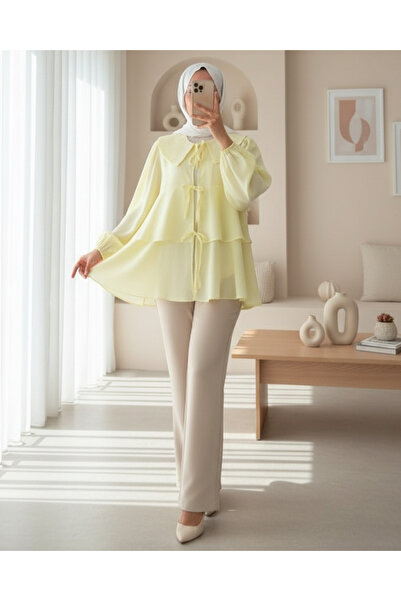 Modamorfo Baby Collar Front Lace Skirt Layered Kimono - Light Yellow