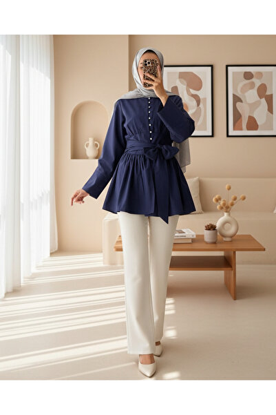 Modamorfo Lace-Up Waist Tunic with Stone Buttons - Navy