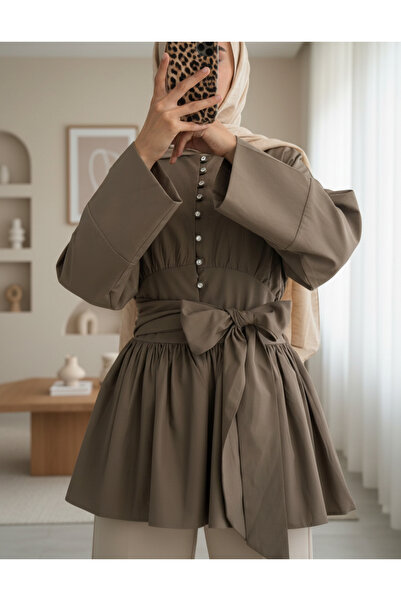 Modamorfo Tunic with Stone Buttons and Lace-Up Waist - Light Brown