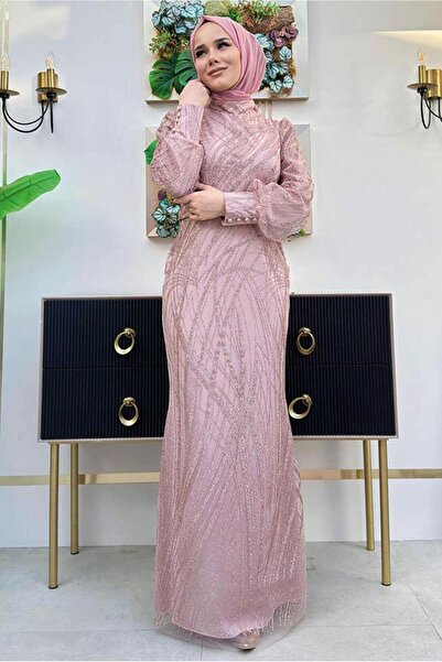 TRENDTESETTÜR KADIN PEMBE (GÜL KURUSU) BALIK MODEL ABİYE ELBİSE T 9311