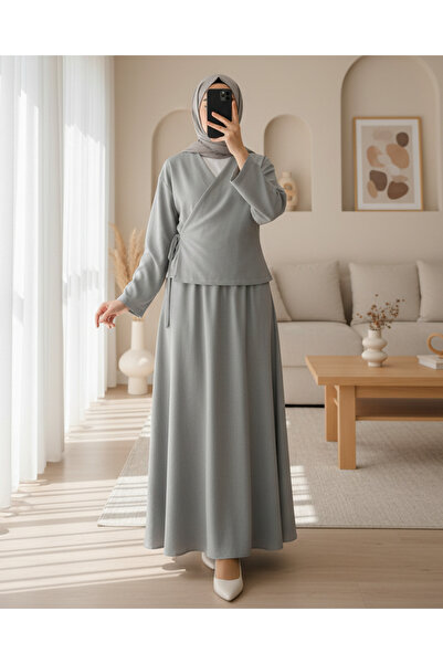 Modamorfo Yandan Bağlamalı Etekli Keten Takım -Su Yeşili