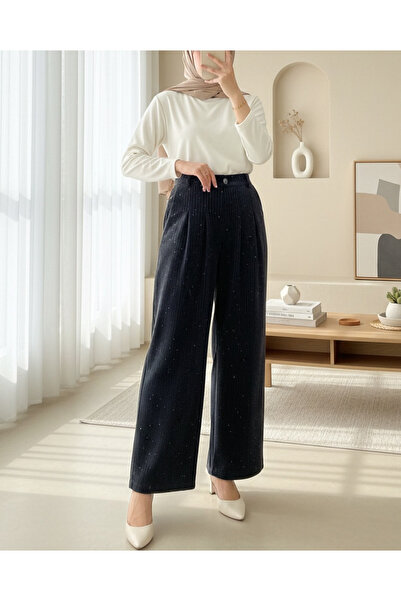 Modamorfo بنطلون مخملي واسع الساق مع جيوب وتفاصيل من الفرو - لون أنثراسيت