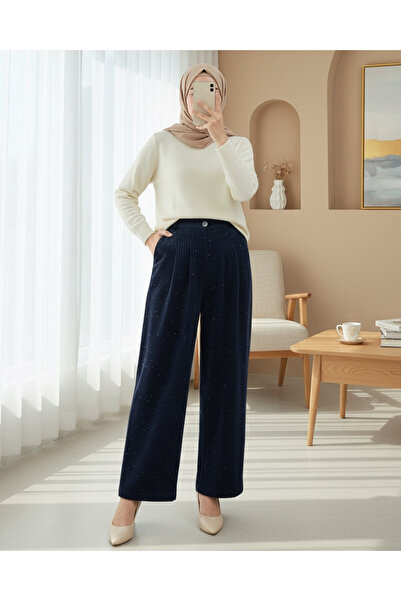 Modamorfo بنطلون مخملي واسع الساق مع جيوب وتفاصيل من الفرو - أزرق داكن