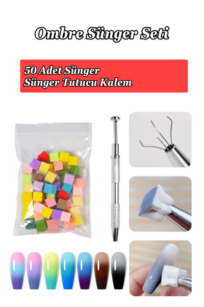 Easy Beauty Nail Art Ombre Sünger ve Tutucu Kalem Seti 50 Adet Sünger ve Ombre Süngeri