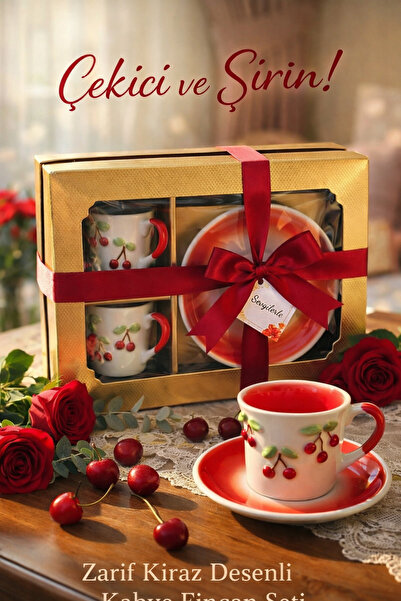 ARESTE KİRAZLI MOTİFLİ TÜRK KAHVESİ FİNCANI 2 Lİ HEDİYELİK KUTULU