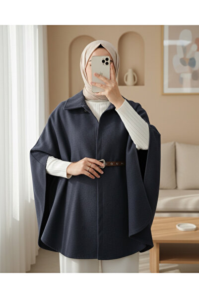 Modamorfo Buttoned Shoulders and Belted Waist Cashmere Poncho - Navy