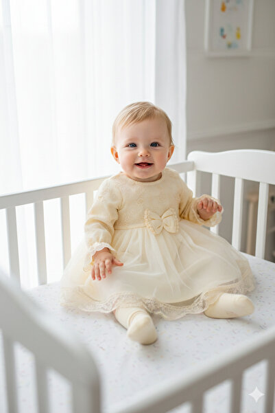 Miniday Baby Kız Bebek Mevlütlük Dantelli Tüllü Elbise Bandanalı