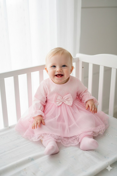 Miniday Baby Kız Bebek Mevlütlük Dantelli Tüllü Elbise Bandanalı