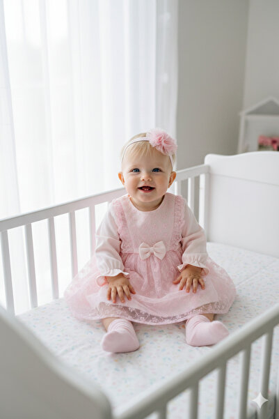 Miniday Baby Kız Bebek Mevlütlük Elbise Bandanalı Dantelli