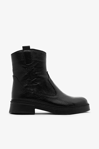 SAYL Siyah Hakiki Deri Yandan Fermuarlı Kaymaz Taban Kadın Bot