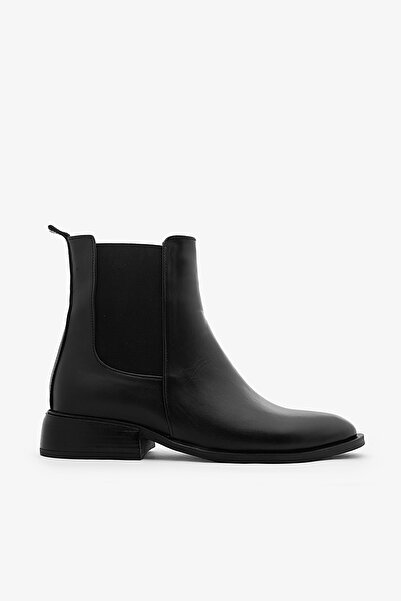 SAYL Cizme de damă cu toc scurt din piele naturală neagră cu părți elastice laterale