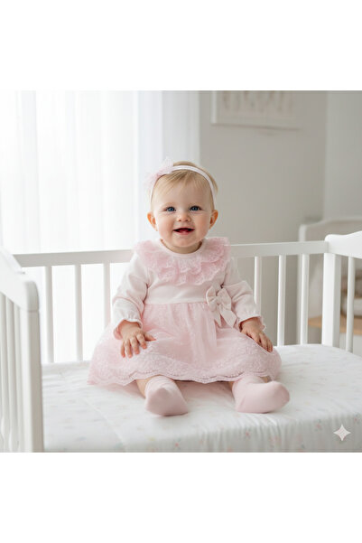 Miniday Baby Kız Bebek Elbisesi Bandanalı Dantel Yaka Detaylı