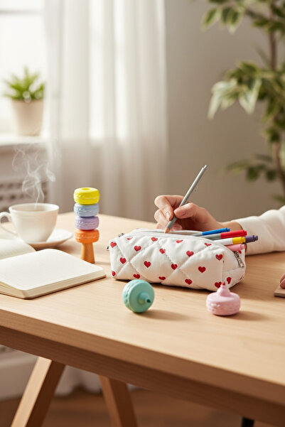 elzripy Kalp Desenli Tek Bölmeli Kalemlik