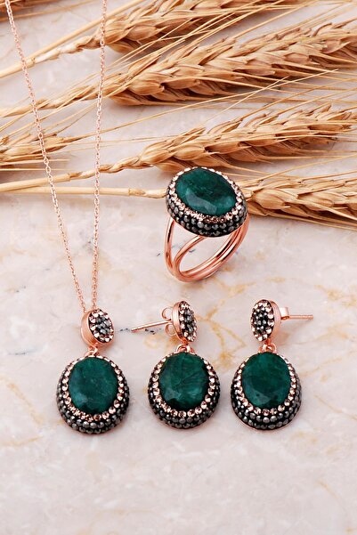 Sümer Telkari Kök Zümrüt Rose Gümüş Set 2536