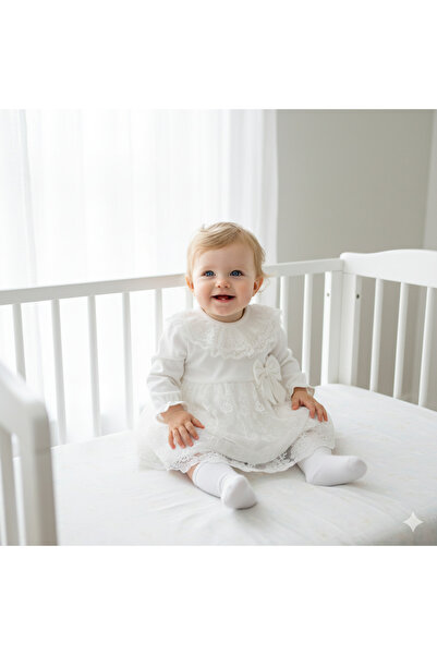 Miniday Baby Kız Bebek Elbisesi Bandanalı Dantel Yaka Detaylı